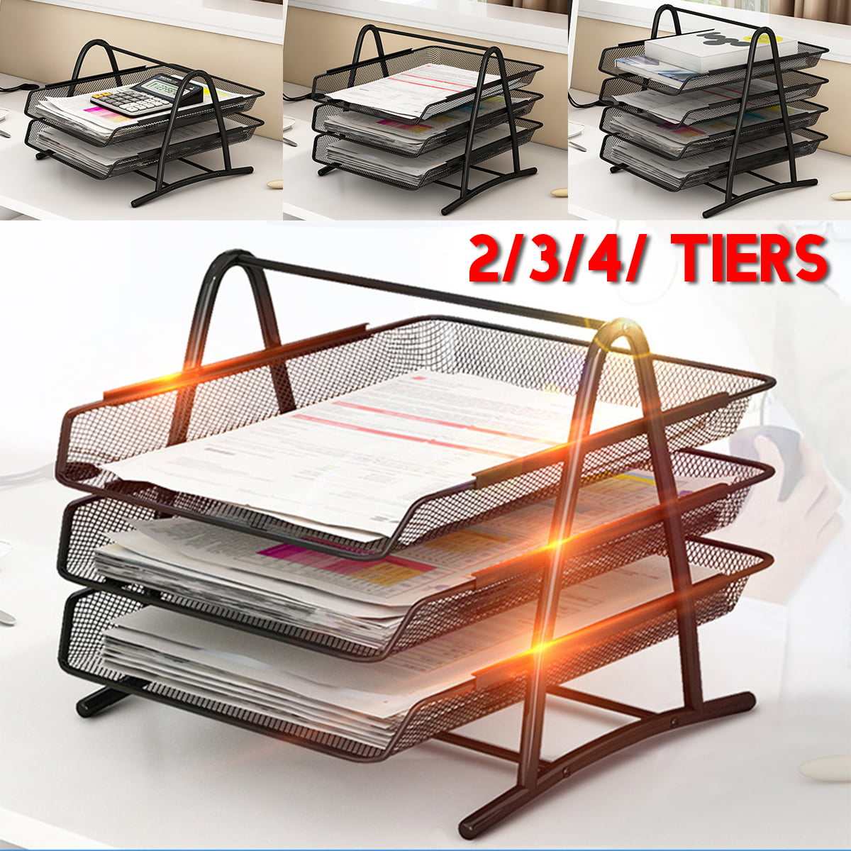 A4 Wire Mesh Filing Tray Black Silver 3-4 Tier Document Desk Paper Filer NEW 