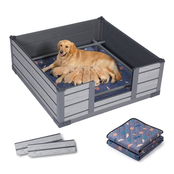 PureWags 46'' x 46'' x 18'' Pet Whelping Box Kit with Built-in Floor and Reusable Potty Pad, Puppy Playpen for Small to Large Breeds, Non-Toxic PP Material for Newborn Safety