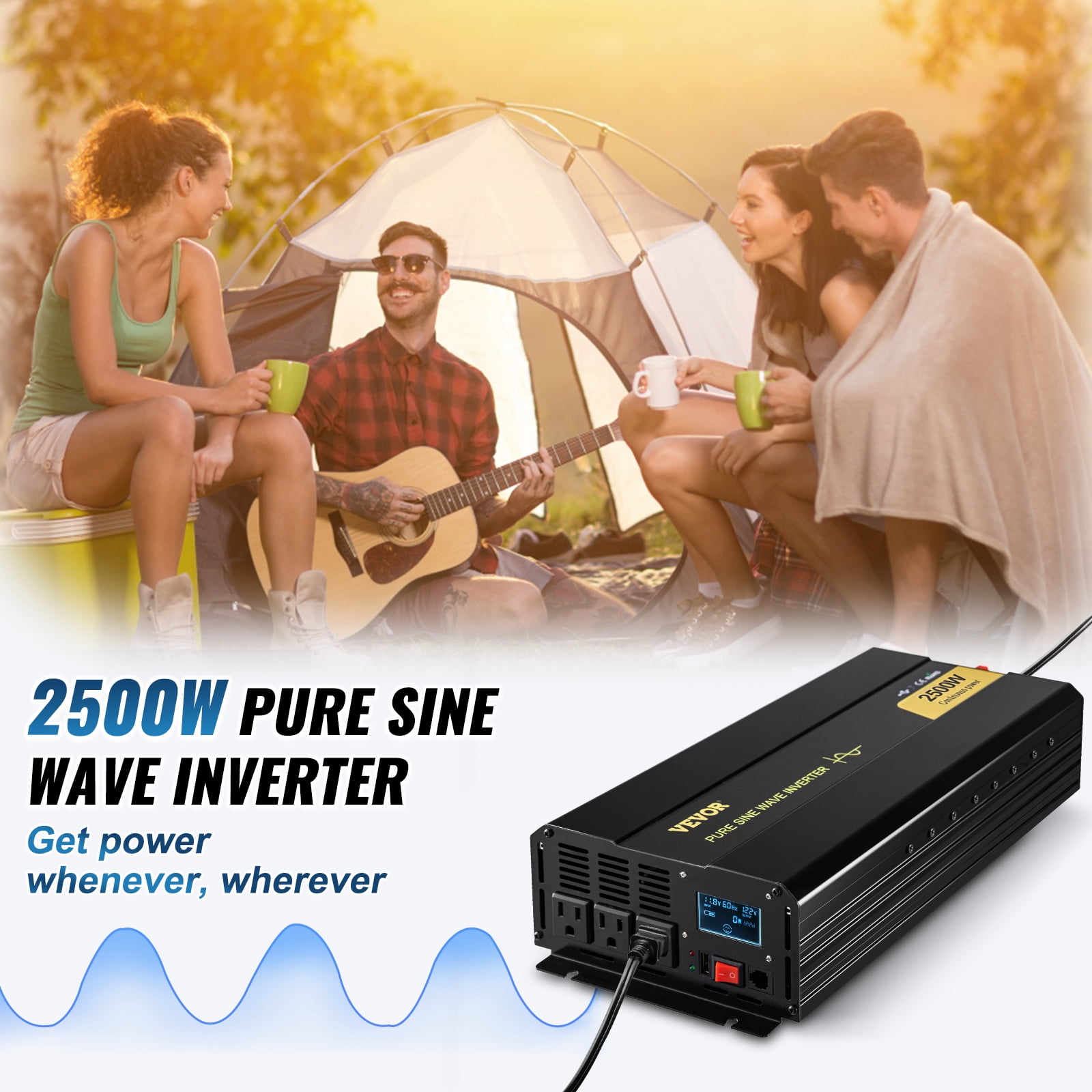 VEVOR Pure Sine Wave Inverter, 2500 Watt Power Inverter, DC 12V to AC 120V Car Inverter, with USB Port, LCD Display, and Remote Controller Power Converter, for RV Truck Car Solar System Travel