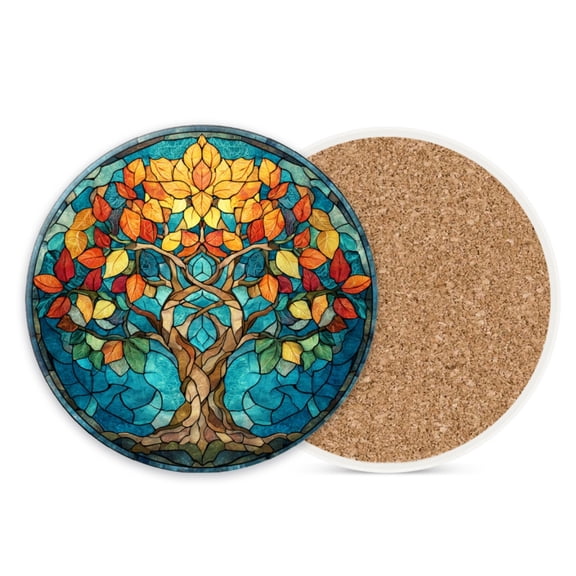 Ceramic Drink Coasters Absorbent Set of 1, Stained Glass Style Autumn Life Tree with Leaves Round Anti Slip Modern Cup Coasters for Desk Kitchen Office Housewarming Hostess Gifts (4*4 Inch)