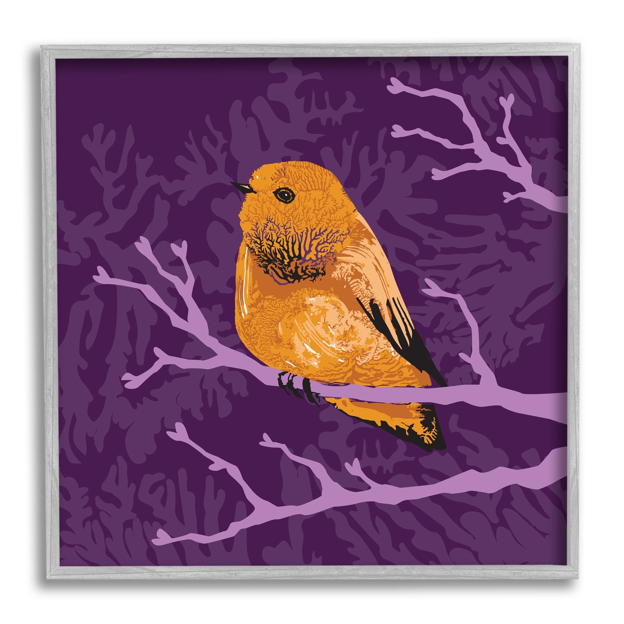 Stupell Industries Bold Orange Bird Sitting Purple Branches Layered Botanicals Graphic Art Gray Framed Art Print Wall Art, Design by Verbrugge Watercolor