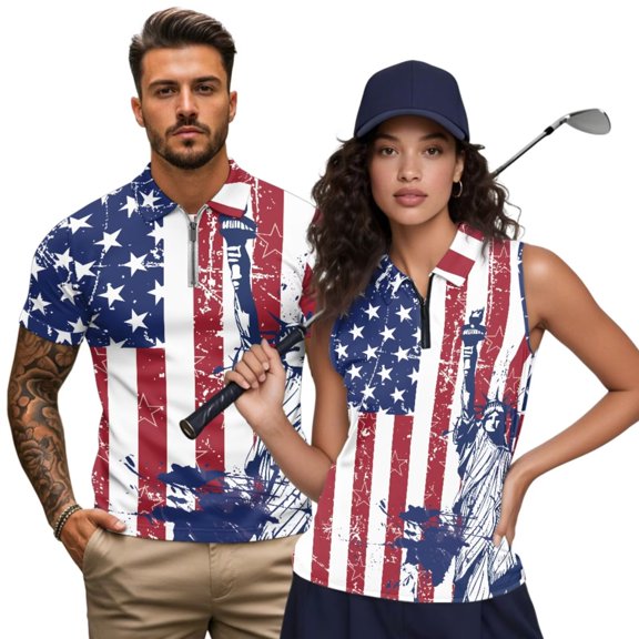 Aplkyhs Vintage American Flag Matching Couple Tennis Shirts Quarter Zip Matching Golf Shirts for Couple Machine Washable Mens Hawaiian Shirt for Golf Tennis Hiking