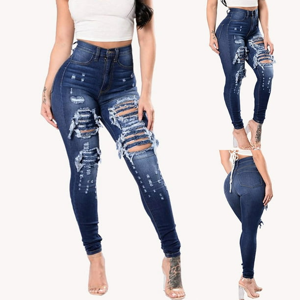 Aurorax - aurora X Women Slim Washed Ripped Hole Gradient Long Jeans ...