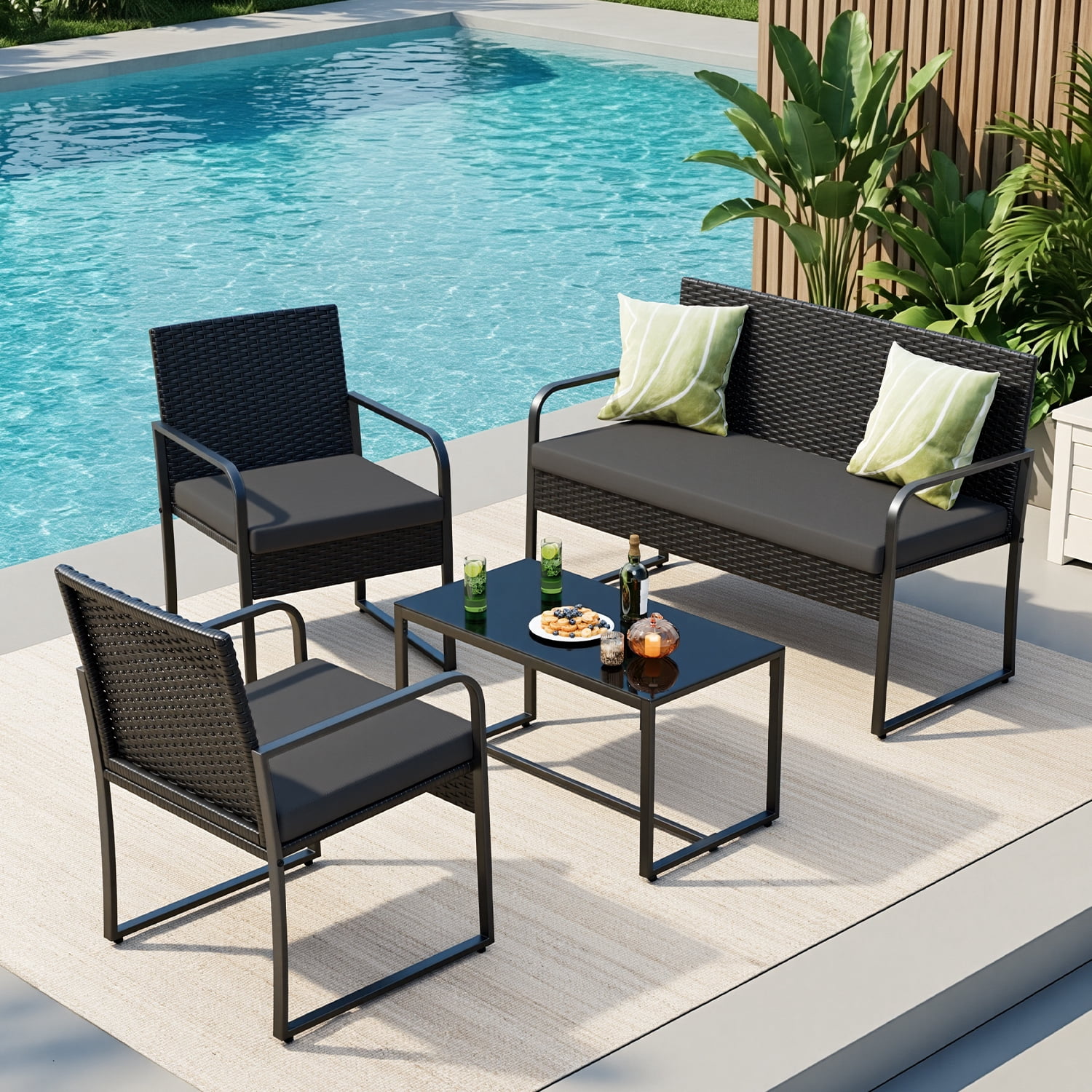 Wicker Outdoor Conversation Set with Glass Top Table, Patio Seating Furniture for Yard, Lawn and Poolside, Black