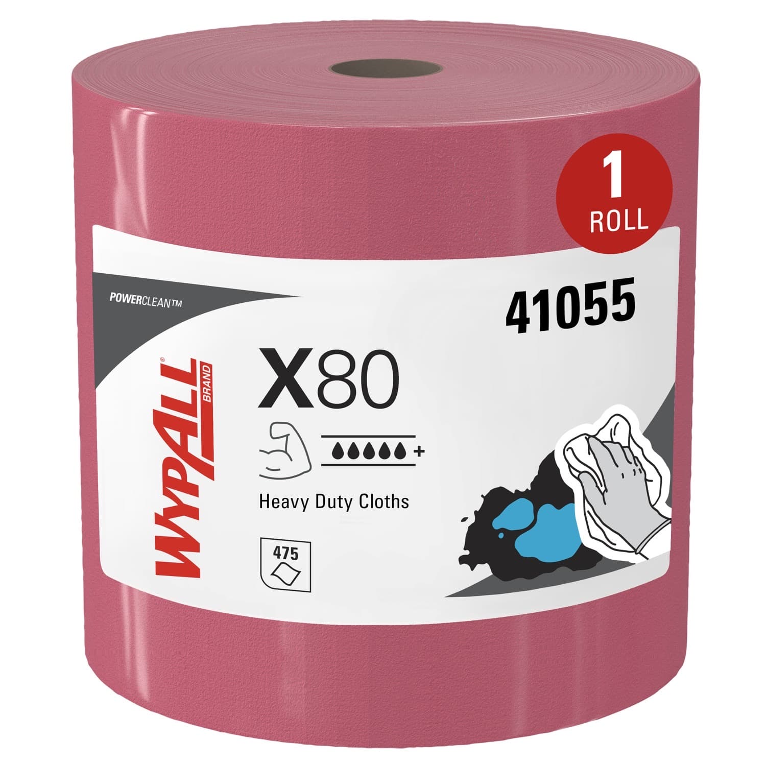 WypAll PowerClean X80 Cloths Heavy Duty Wipes (41055), Jumbo, Extended Use Towels, Red (1 Roll of 455 Sheets, 455 Sheet Total)
