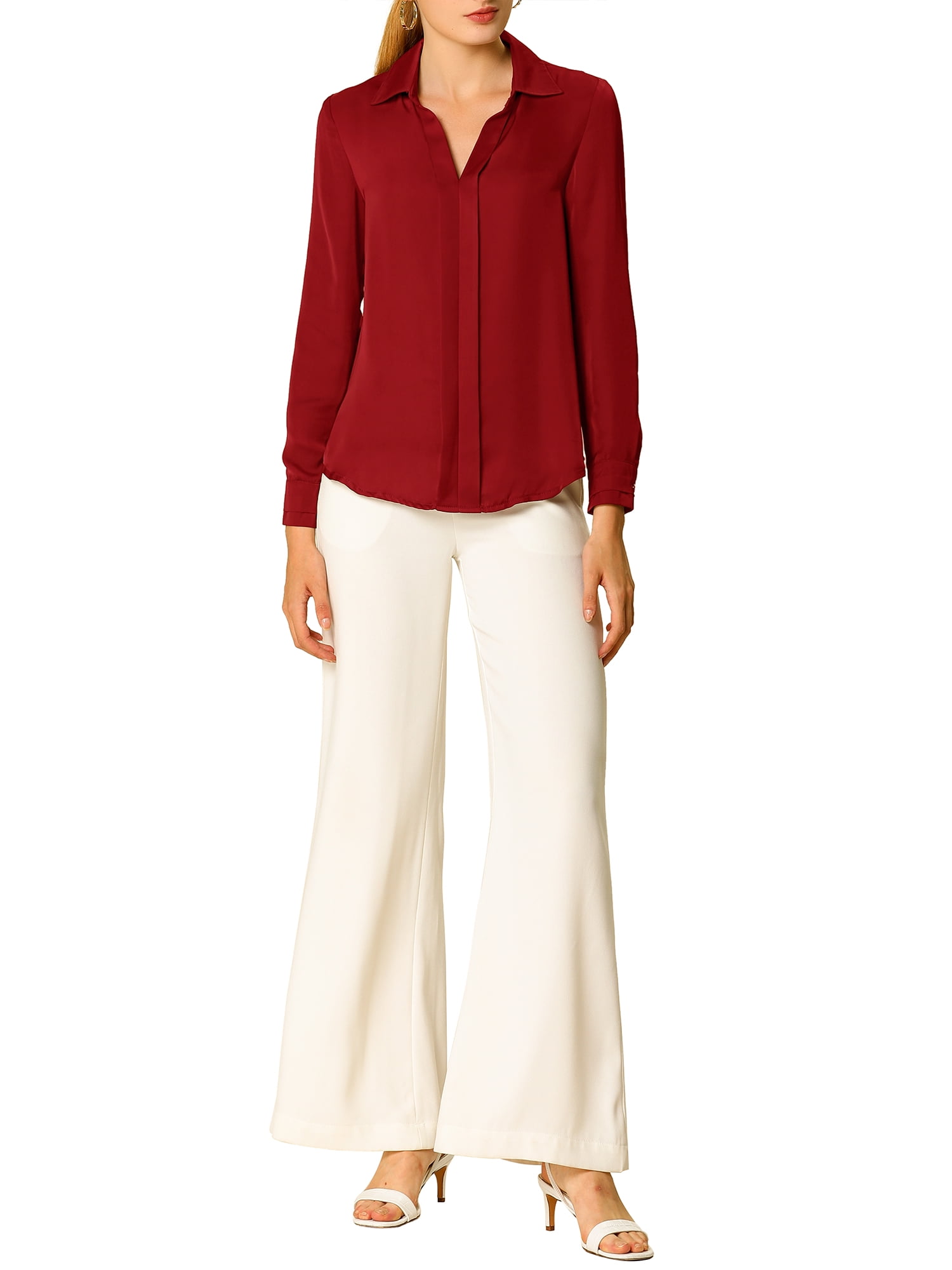 DARING DIVA Women's V Neck Classic Work Office Long Sleeve Shirt M Red