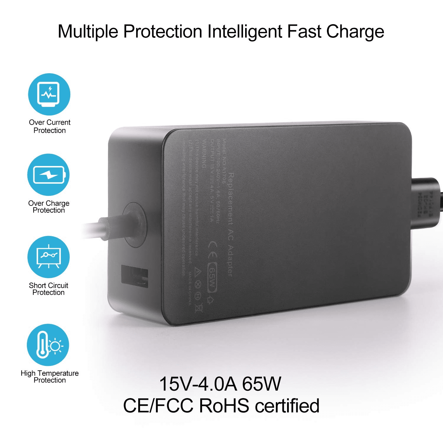 Surface Pro Charger 65W 15V 4A AC Power Adapter Supply for Microsoft Surface Book Surface Pro 3/4/5/6 Surface Go Surface Laptop 1/2/3 with USB Charging Port and 6ft Cord fit Model 1706