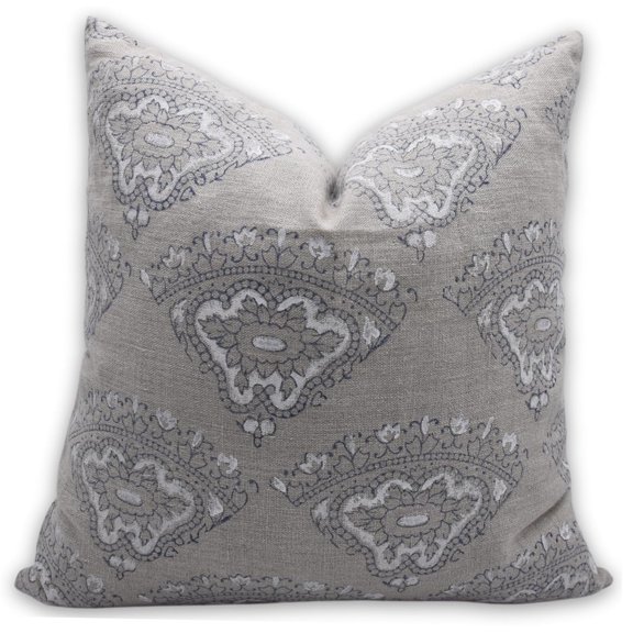 Fabdivine Block Print Throw Pillow Cover, 14x36 Inch Thick Linen Handmade Cushion Cover, Floral Print Boho Design White Pillow Cover for Sofa and Couch