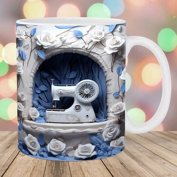 Taza de Coser Floral, Divertida Taza de Café, Regalo para Amantes de La Costura, Taza Decorativa para El Hogar, La Oficina, La Cocina, Apta para Microondas y Lavavajillas, Cerámica de 350 Ml, Perfect