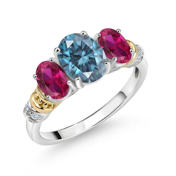 Gem Stone King 925 Sterling Silver and 10K Yellow Gold Oval Persian Blue Moissanite Red Created Ruby and White Diamond 3 Stone Ring for Women (2.41 Cttw, Gemstone Birthstone, Size 8)