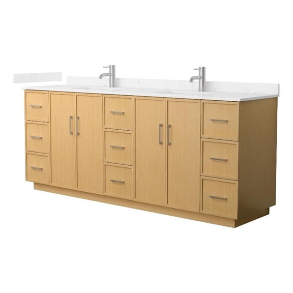 Wyndham Collection WCH747484DIOCCUNSMXX 84 in. Elan Double Bathroom Vanity with Toe Kick in Light Oak, Carrara Cultured Marble Countertop - Undermount Square Sink - Brushed Nickel Trim