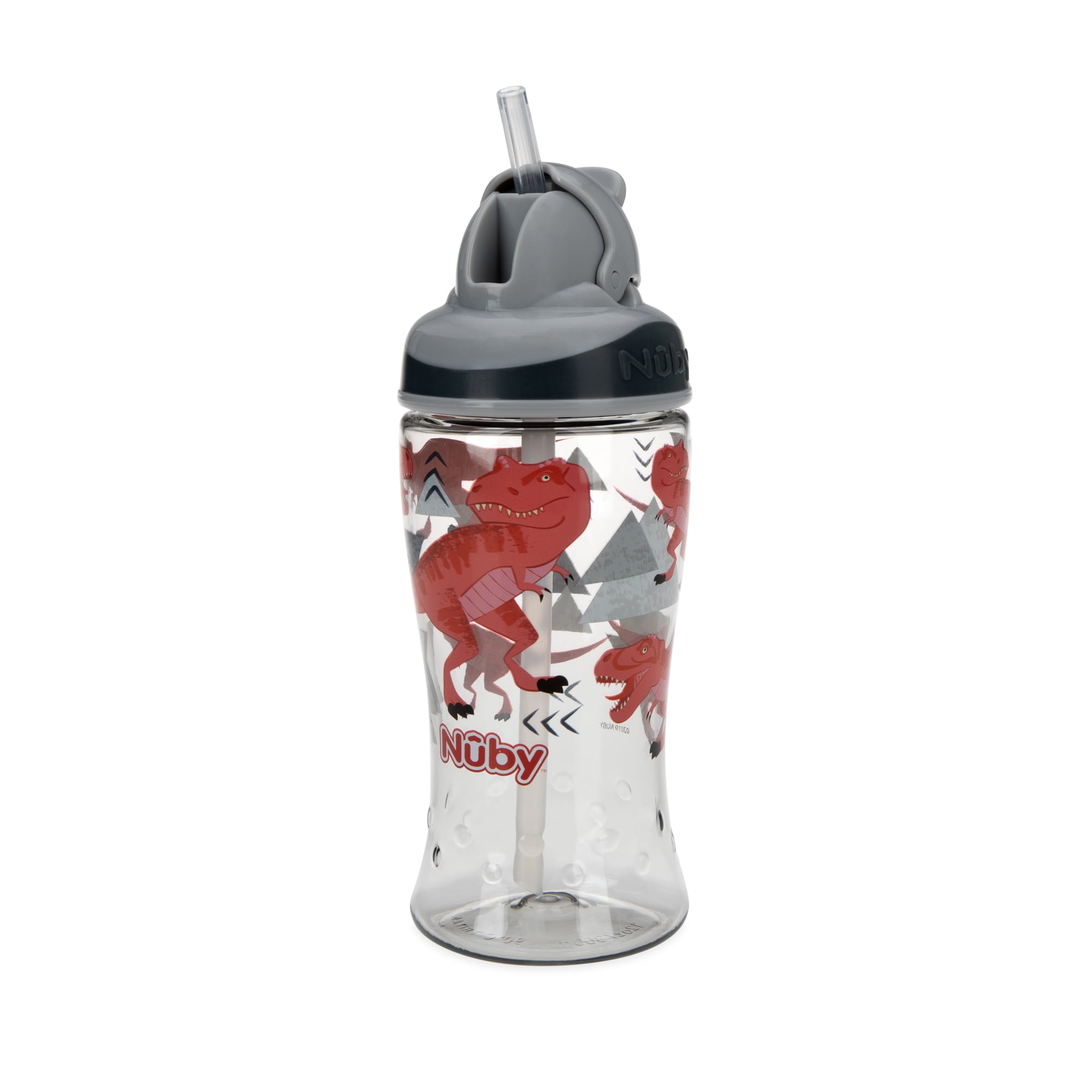 Nuby Thirsty Kids Flip-It Boost Cup, 12 fl oz, Gray Dinosaurs