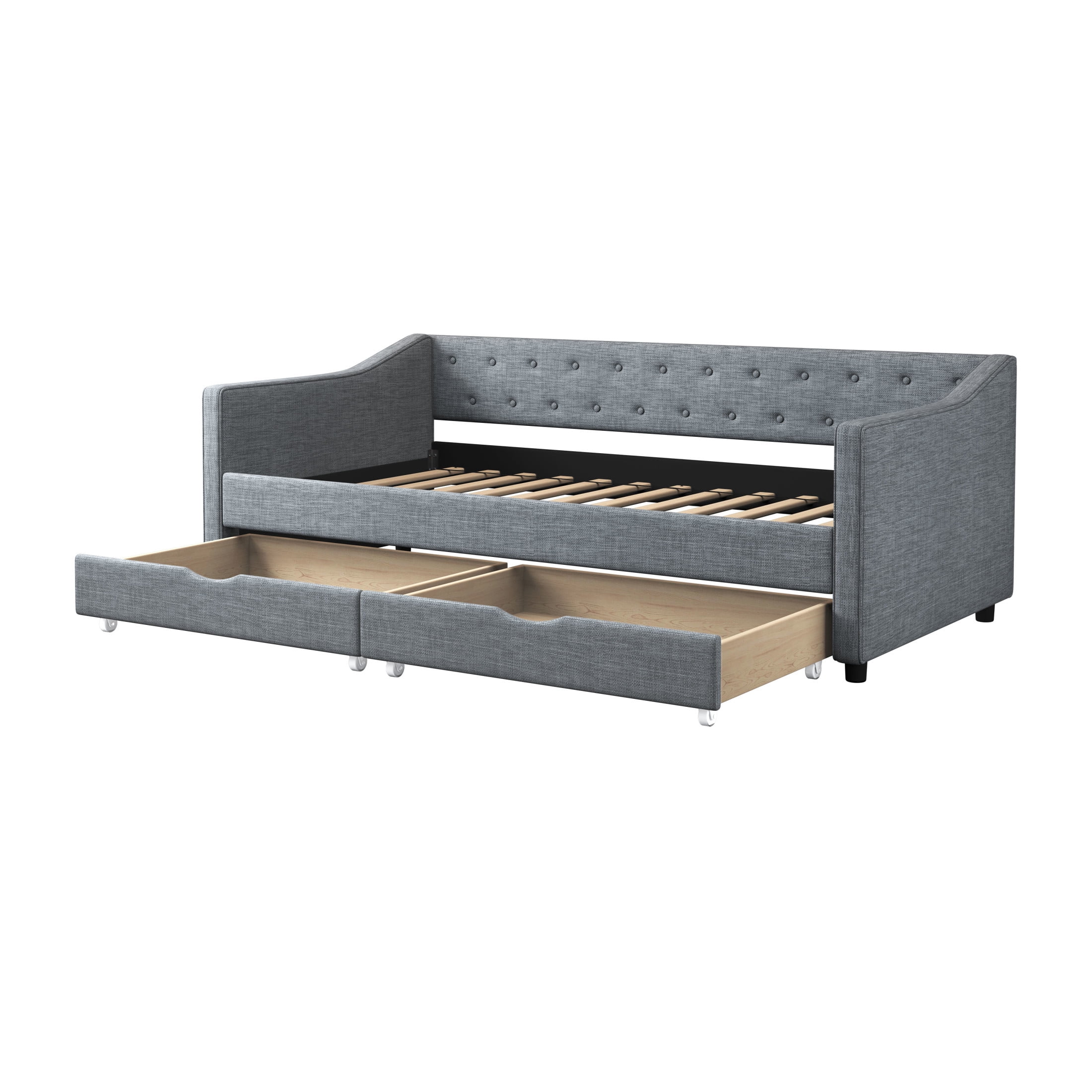 Noble House Mabel Twin Daybed with Storage Drawers, Tufted Upholstered Linen Sofa Bed, Curved Piped Arms, Light Grey