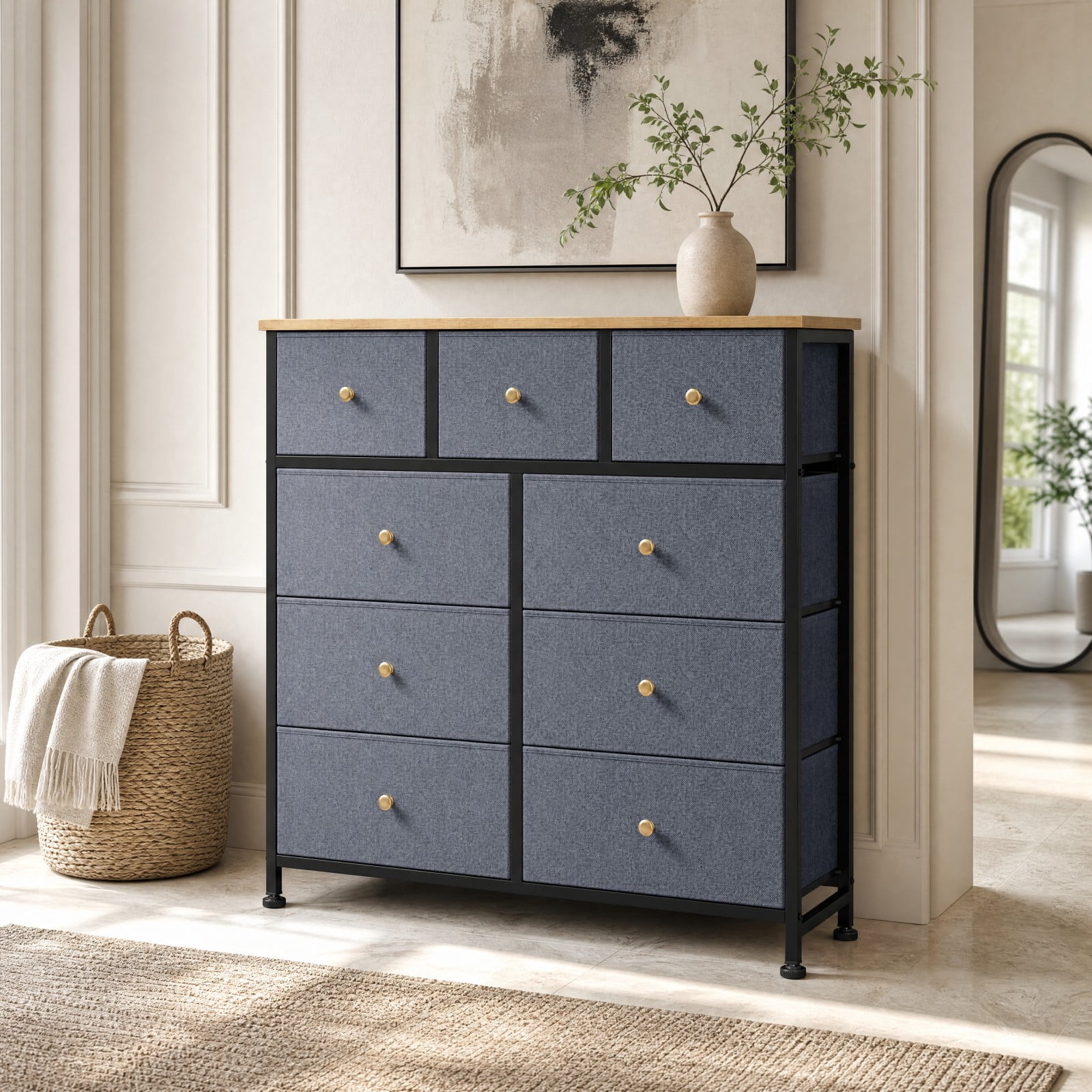 Telyra 9-Drawer Fabric Dresser Tall Storage Tower with Wood Top and Steel Frame Bedroom Closet Organizer, Greyish Blue