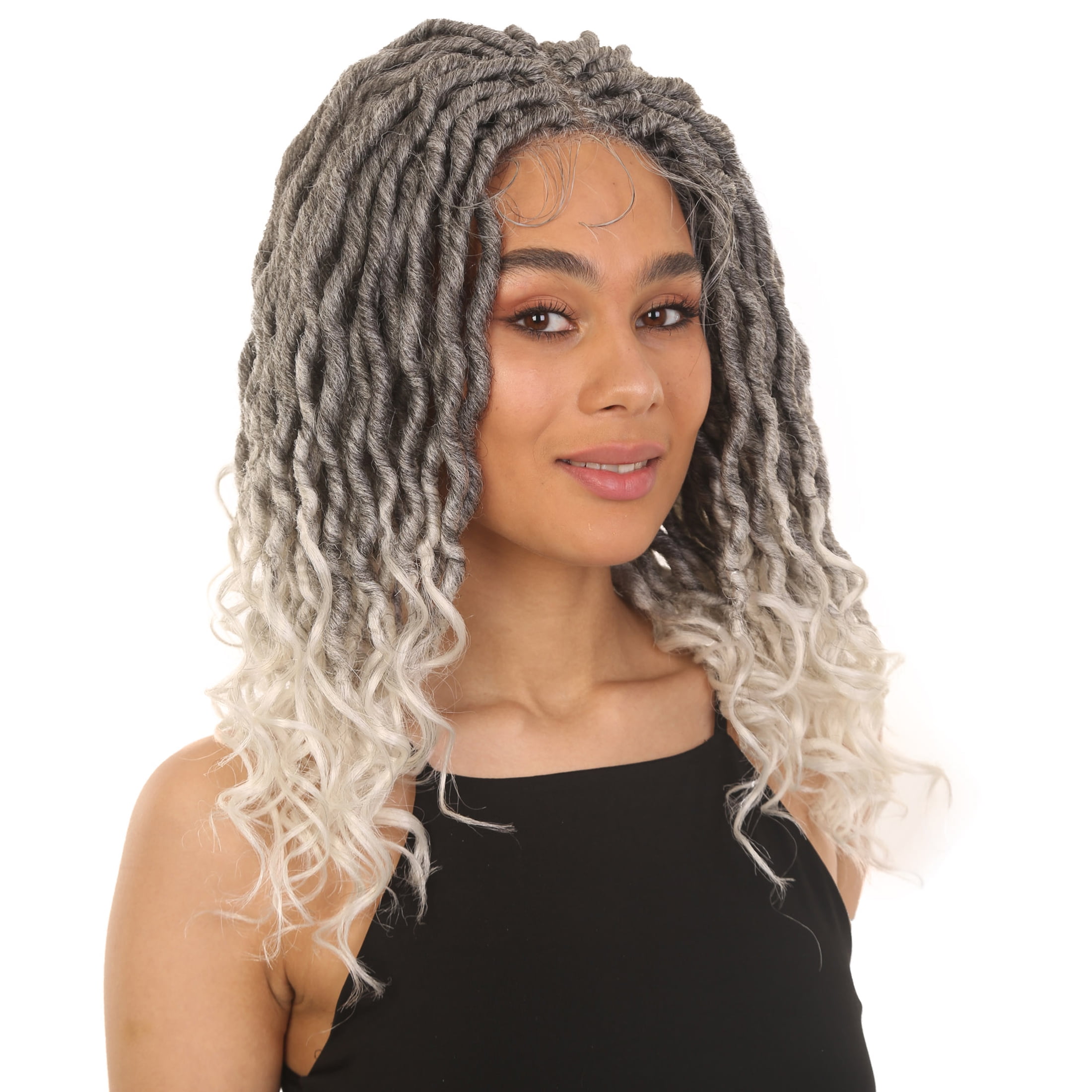 LUXLUXE 19" Black & White Wig Andrea Curly Layered for Women Long Hand Tied Lace Braided Wigs, Made from Heat Resistant Synthetic Wigs