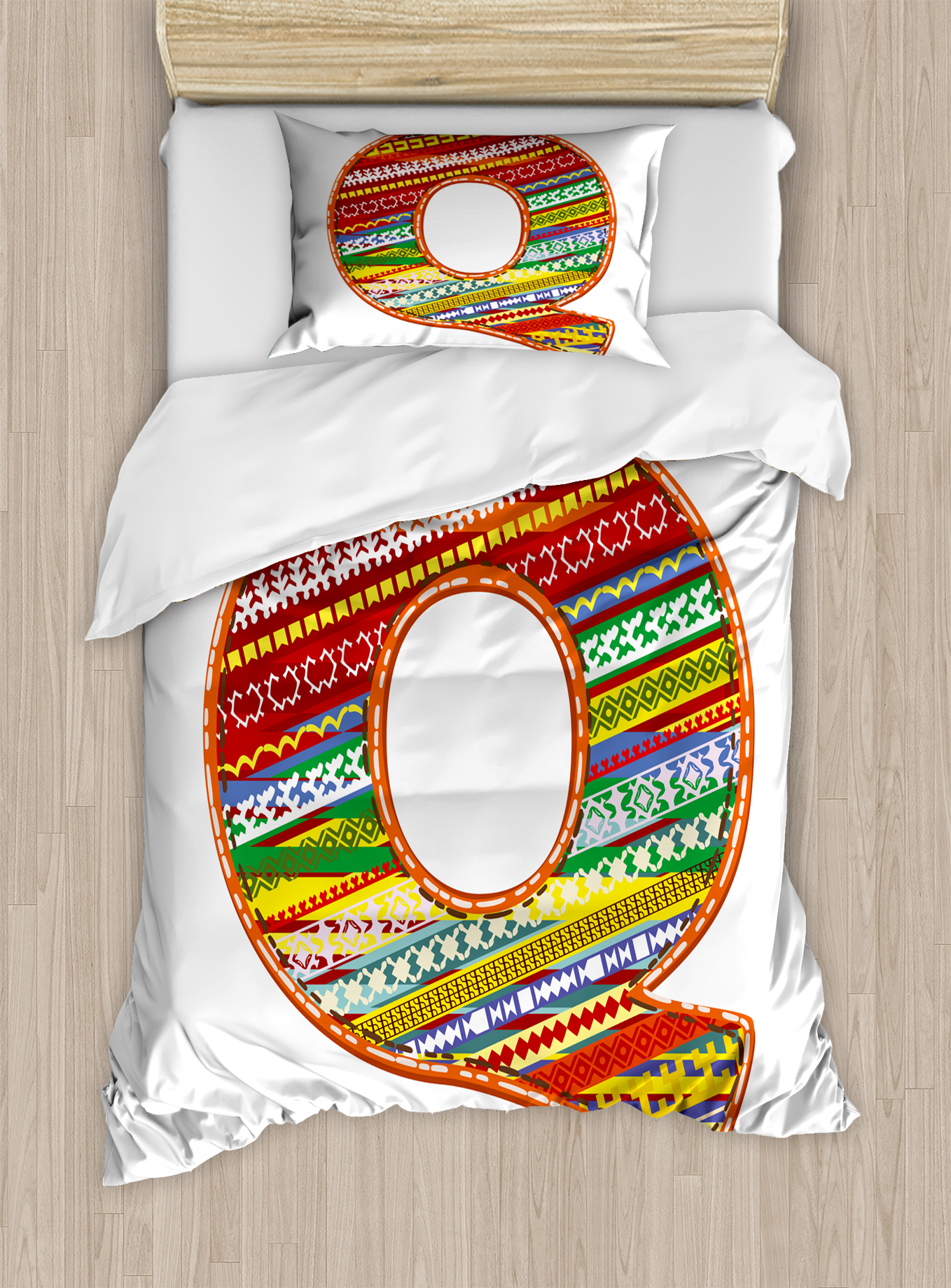 Letter Q Twin Size Duvet Cover Set Colorful Retro Ornate Ethnic Native Style Q Letter Name Icon