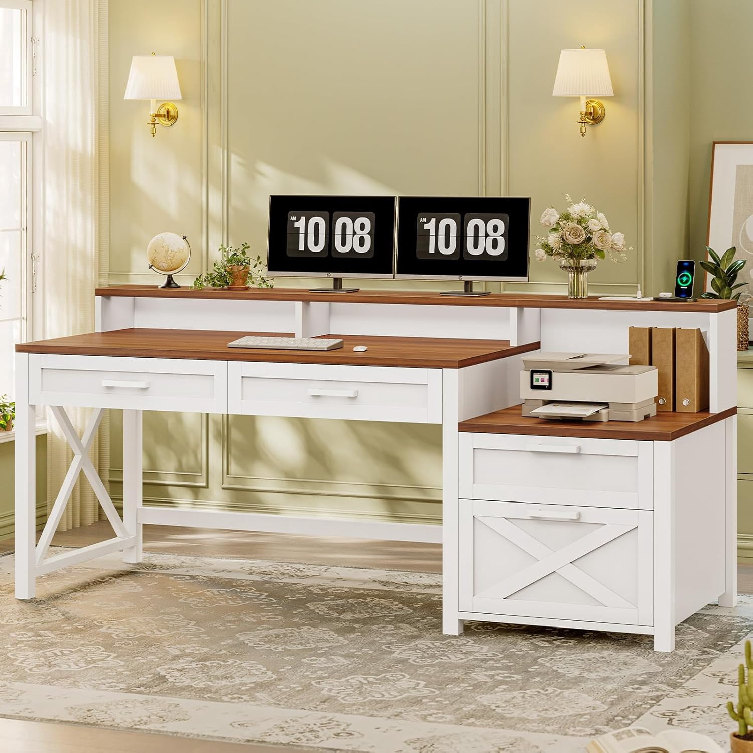 Farmhouse Computer Desk with Power Outlets, Home Office Desk with Drawers & Monitor Stand, Corner Desk with Printer Stand & LED Lights, 55" White Desk Writing Desk Study Table for Small Space
