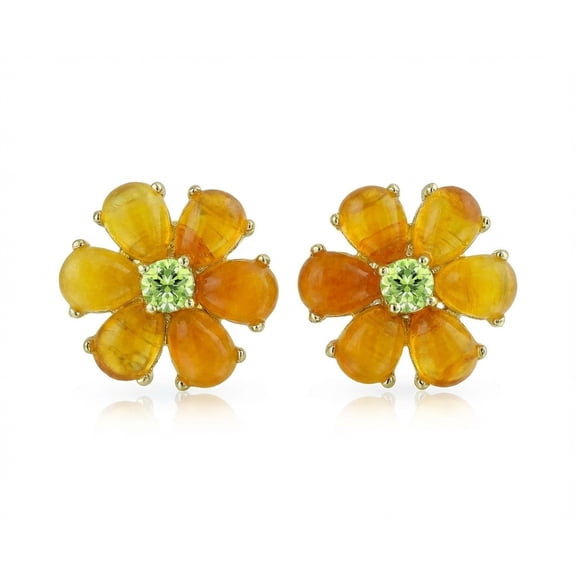 Bling Jewelry Womens Floral CZ Center Yellow Jade Flower Stud Earrings Gold Plated .925 Sterling Silver
