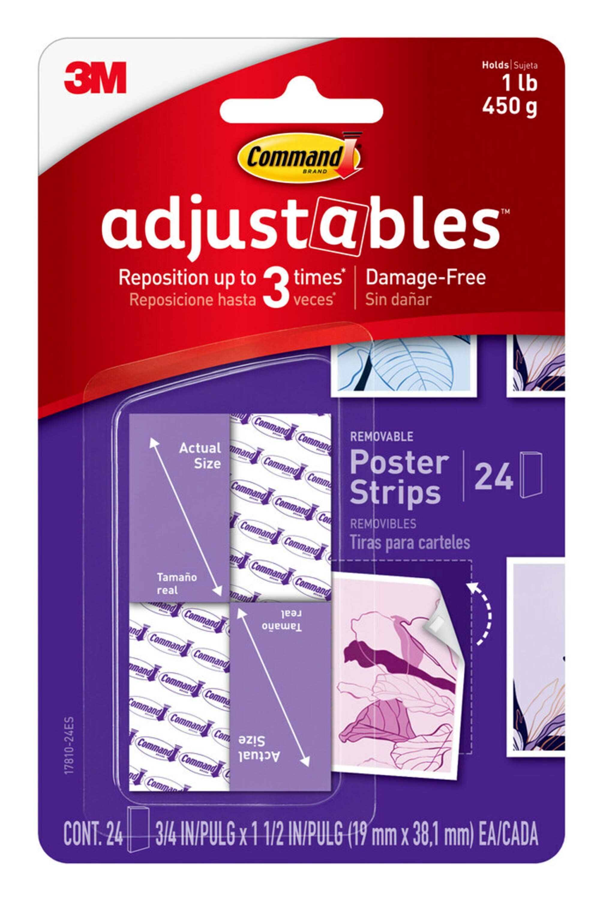 Command Adjustables Repositionable Poster Strips, 24 Strips