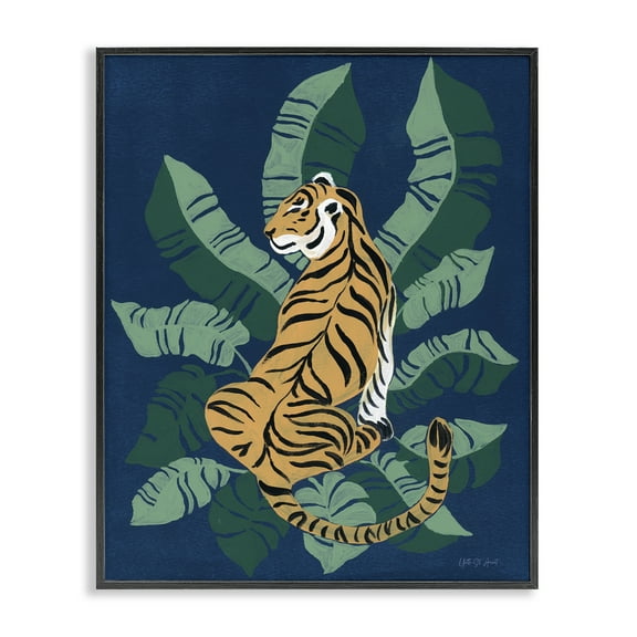 Stupell Industries Tiger Sitting over Palms Animals & Insects Painting Black Framed Art Print Wall Art, 11 x 14