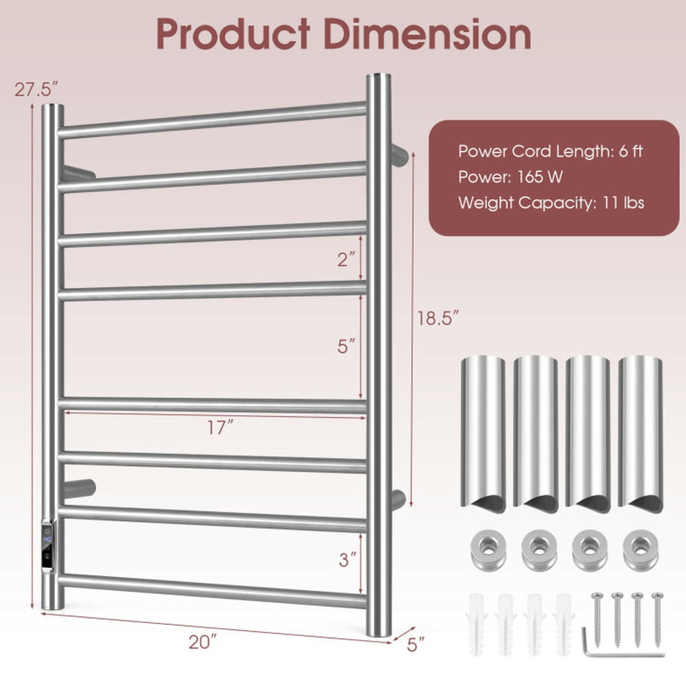 Finihen Wall Mounted Towel Rack, Electric Heated Towel Rack, Electric Towel Warmer Rack, for Bathroom, laundry Room, Silver