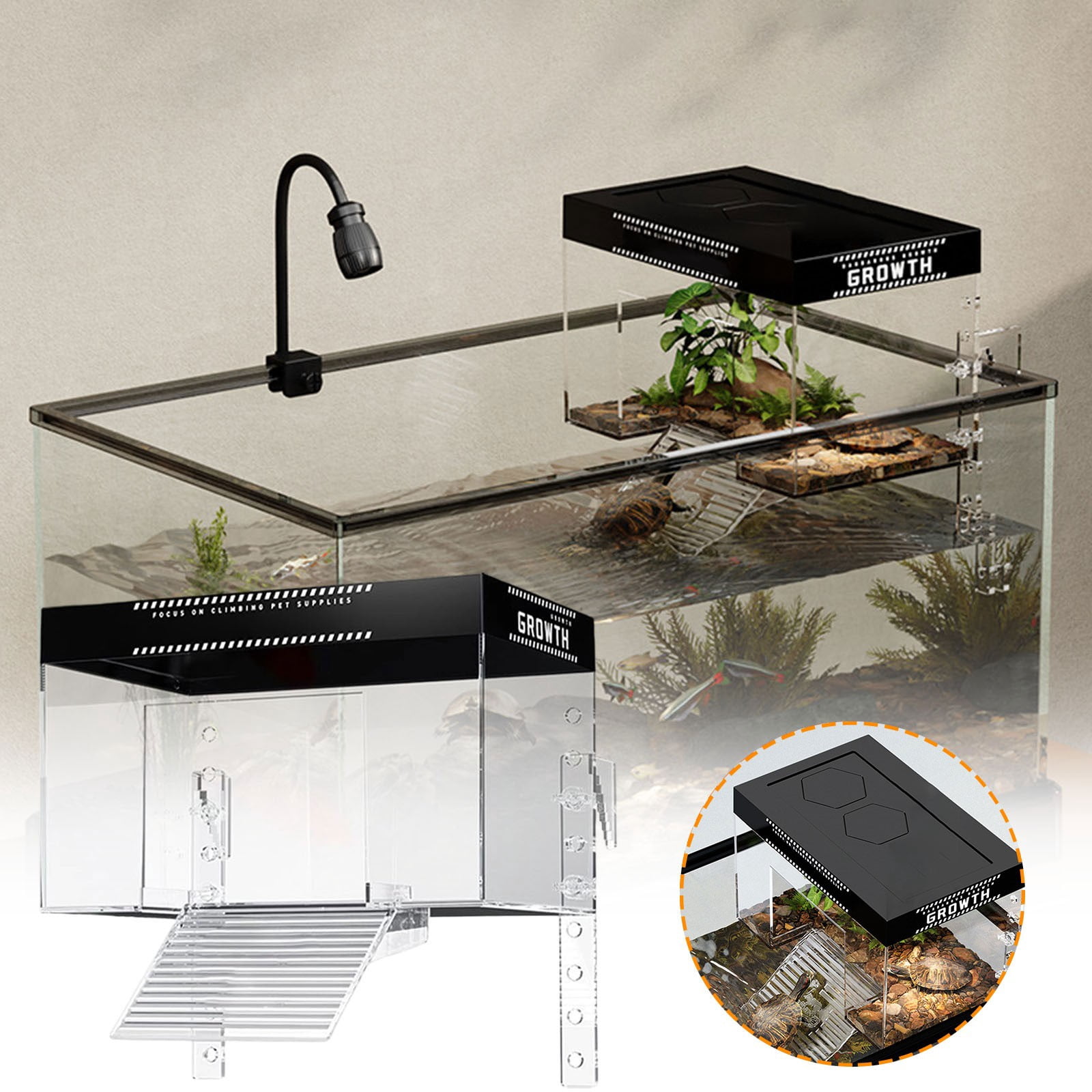 Large Acrylic Turtle Terrarium Platform for Sunbathing – Durable Non-Slip Ramp Accessory for Reptiles and Amphibians – Easy Installation and 360° Observation
