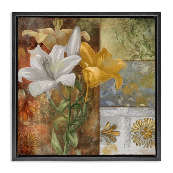Stupell Industries Blooming Lilies on Tile Pattern Floral Painting Black Floater Framed Canvas Art Print Wall Art, 18 x 18
