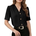 thumbnail image 2 of NuoCaiYun Blouses for Women Dressy Summer Short Sleeve Button Down Shirts Casual Business Work Tops Slim Fit Solid Color Top Tee, 2 of 6