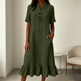 thumbnail image 4 of ClodeEU Women's Linen Blend V Neck Half Sleeve Dress with Ruffle Hem,Solid Color Casual Midi Dress with Pockets Army Green,Women's Plus L, 4 of 8
