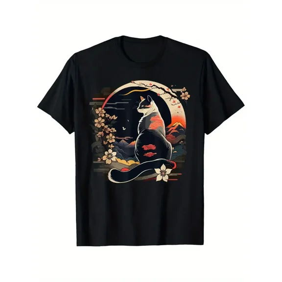 Vintage Japanese Anime Cat T-Shirt for Men & Women - 100% Cotton, Short Sleeve, Round Neck, Cherry Blossom & Mountain Design, Casual All-Season Wear, S-XXXL, Anime T Shirt
