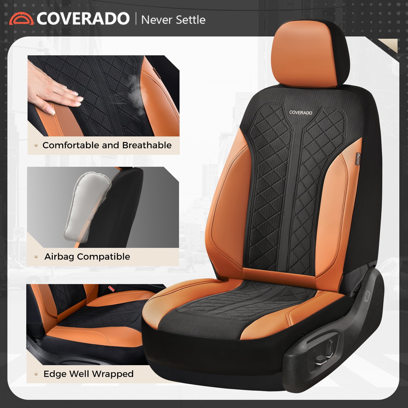 Coverado Car Seat Covers Full Set, Luxury Faux Leather Seat Protectors, Universal Fit for Cars, SUVs, Trucks-Black&Brown