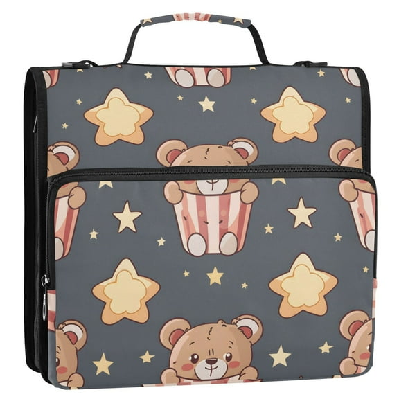 Cute Bears in Boxes Stars Binder Bag with Shoulder Strap 3 Ring Zipper Binder File Folder Document Storage