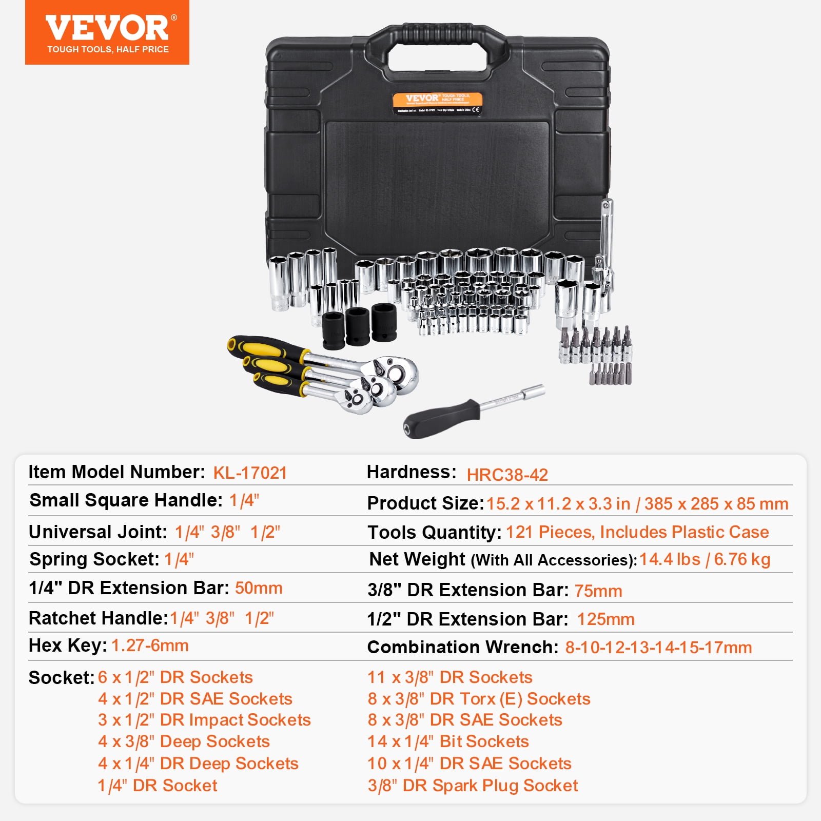 VEVOR 121-Piece Mechanics Tool Set, 1/4" 3/8" 1/2" Drive Sockets, SAE and Metric Mechanic Tool Kit with Bits, Wrenches, Ratchet Handle, Accessories, and Plastic Storage Case, for Automotive Repair
