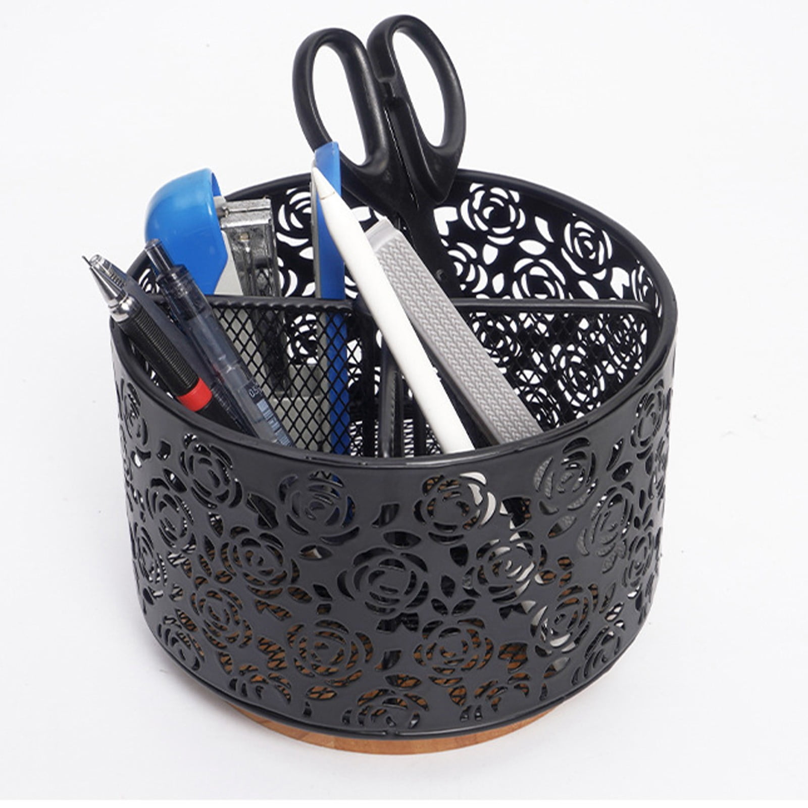 Rotating Mesh Desk Organizer with 4 Compartments for Pens, Office Supplies, Makeup Brushes and Vanity Storage