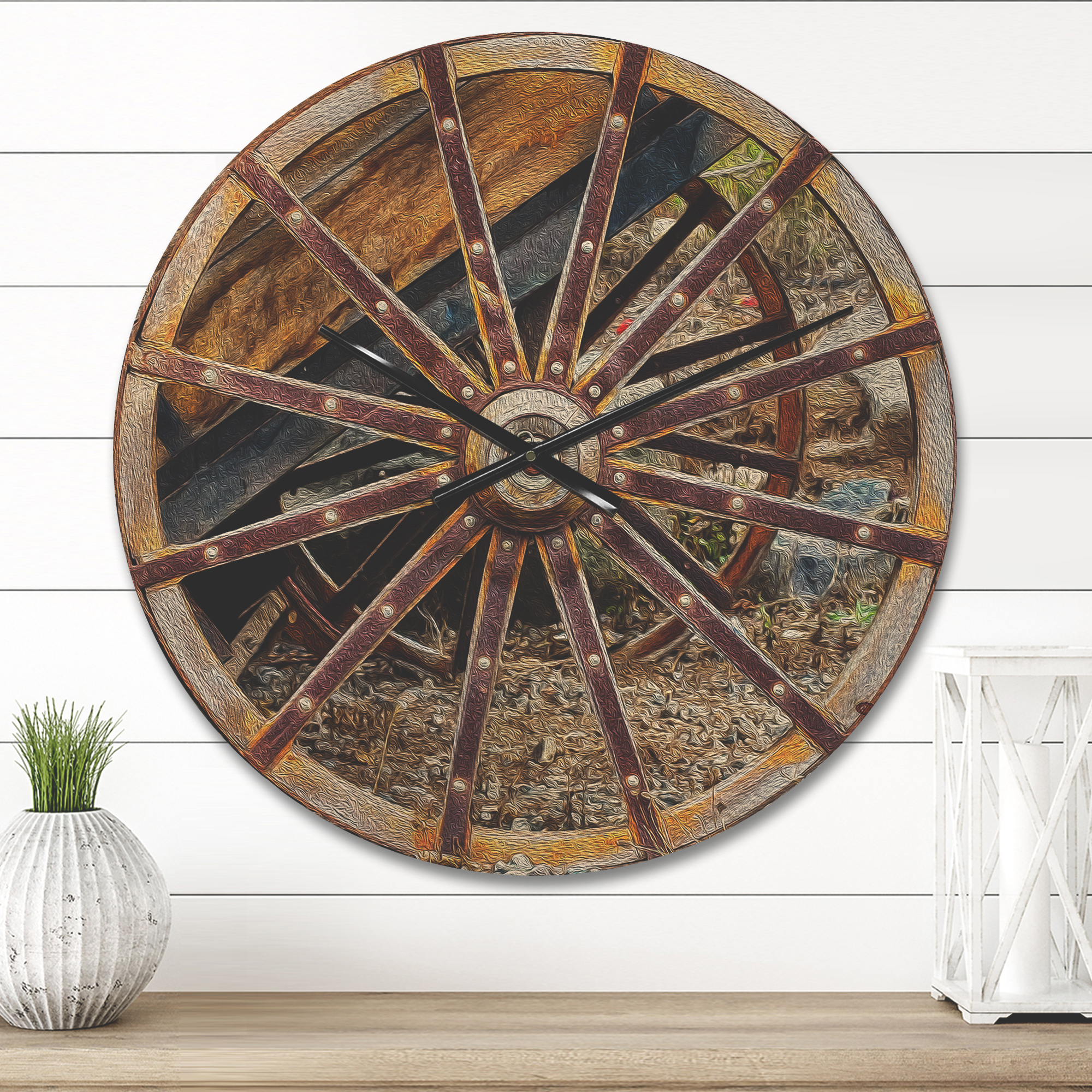 Designart 'Vintage Cottage Wood Cart Wheel ' Rustic Wood Wall Clock