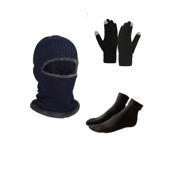 Xfvqtps Men Hat Gloves Socks Set with Plush Lined Balaclava Face Mask Hooded Hat Neck Warmer Touchscreen Knit Cozy Soft Stretchy Extended Winter Warm Set Navy