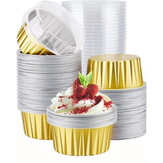 Restaurantware Foil Lux 4 Ounce Creme Brulee Cups, 100 Freezable Disposable Ramekins - Flat Lids Sold Separately, Oven-Ready, Silver Aluminum Baking