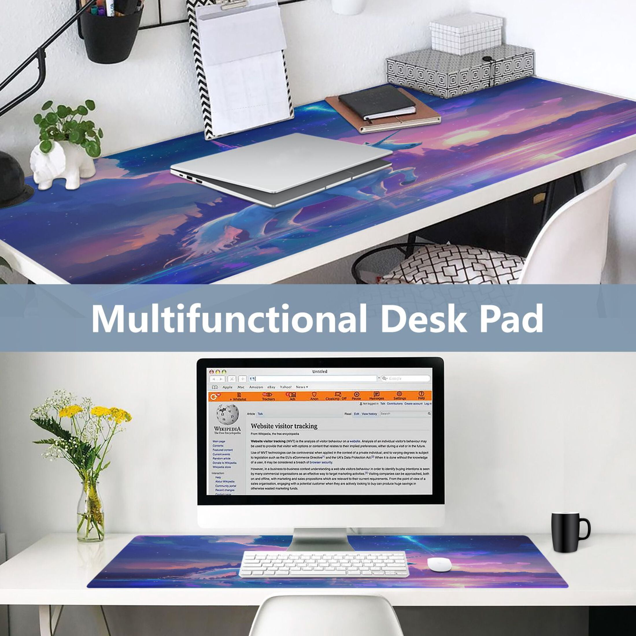 Leather Keyboard and Mouse Desk Mat Office Desk Accessories Protective Office Desk Decor Desk Pad Mat for Gaming, Work from Home, Office A White Unicorn 16.5" x 35.4"