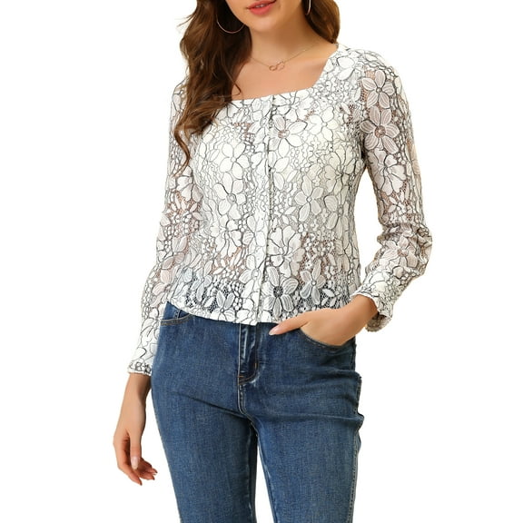 Allegra K Women's Long Sleeve Square Neck Lace Floral Semi Sheer Button Down Blouse