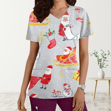 

Valentine s Day Clearance Sales Under Scrub Tops for Women Pattern Print Scrubs Shirts Stretch Cute Medical Print Flower Uniforms Gray L