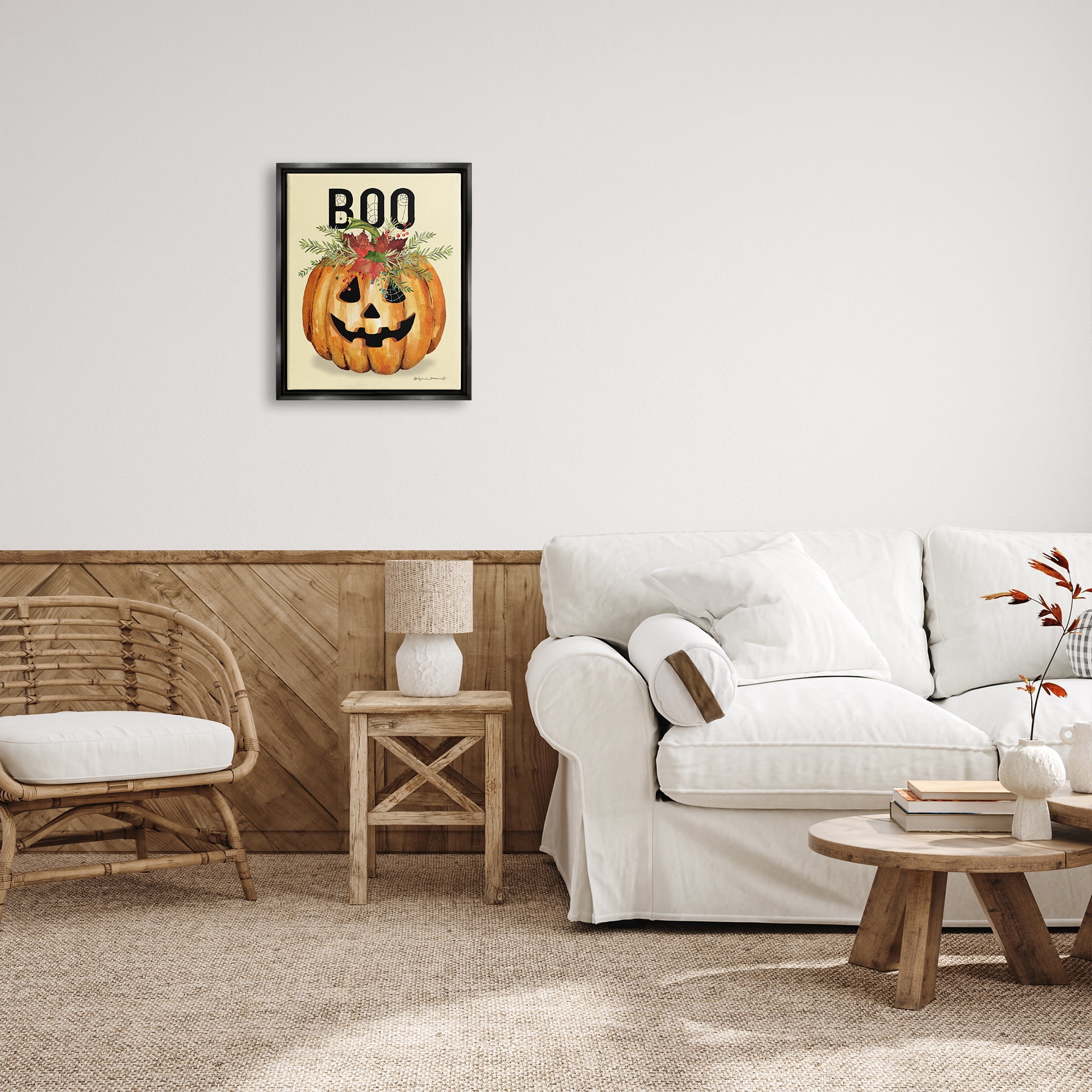 Stupell Industries Boo Seasonal Halloween Flowers Holiday Painting Black Floater Framed Art Print Wall Art