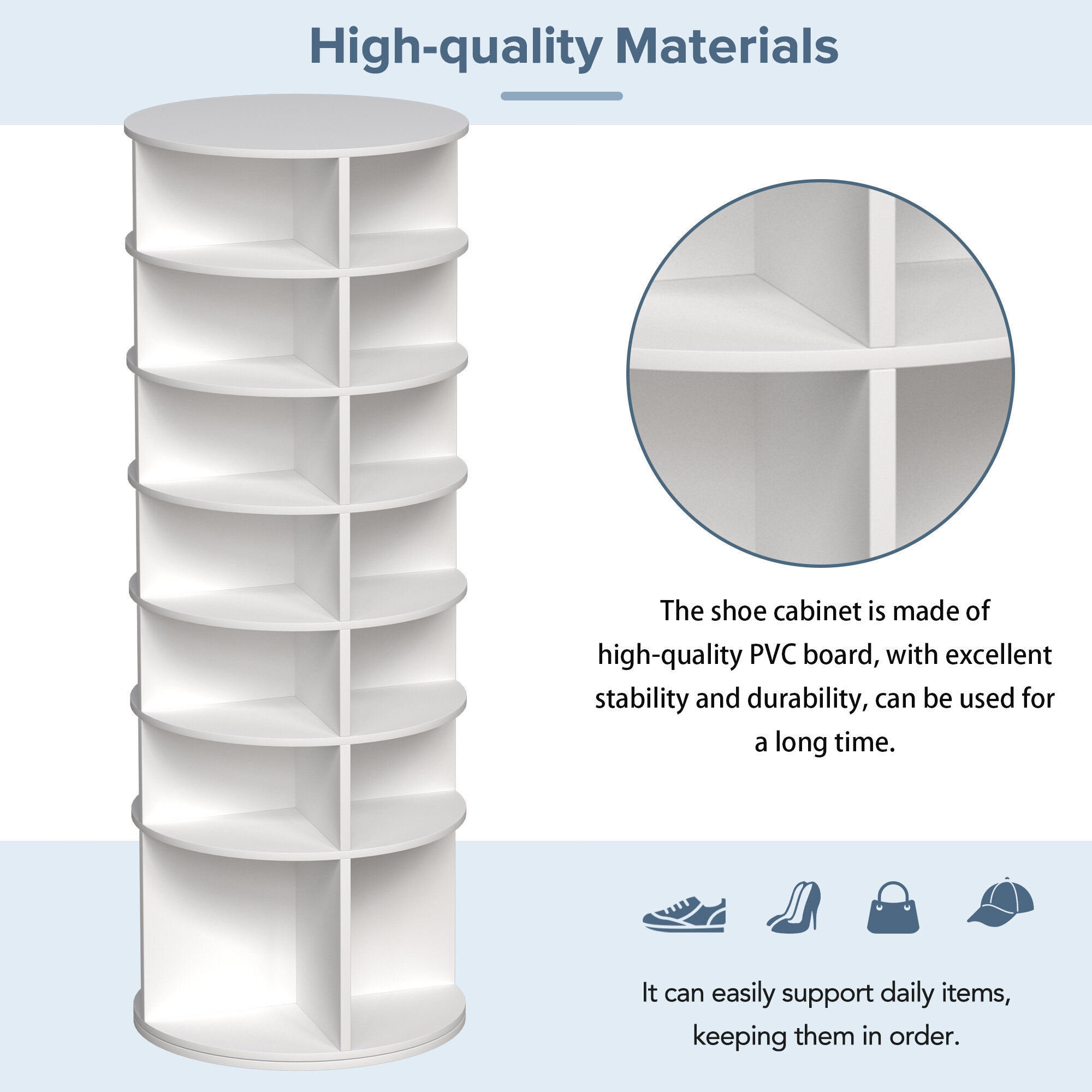 7-Tier Rotating Shoe Rack Tower, 360° Spinning Shoe Organizer Holds 28 Pairs, 23.62" X 23.62" X 72.44" White Free-Standing Shoe Storage Cabinet