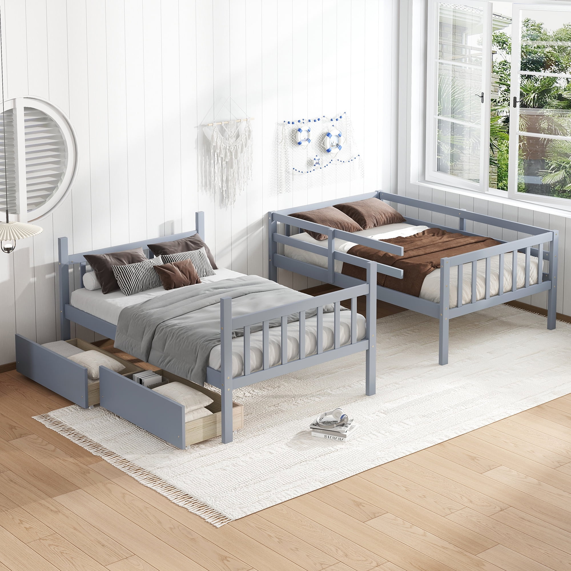 Sailvan Twin Over Twin Rubber Wood Bunk Bed with 2 Drawers, Convertible into 2 Twin Beds