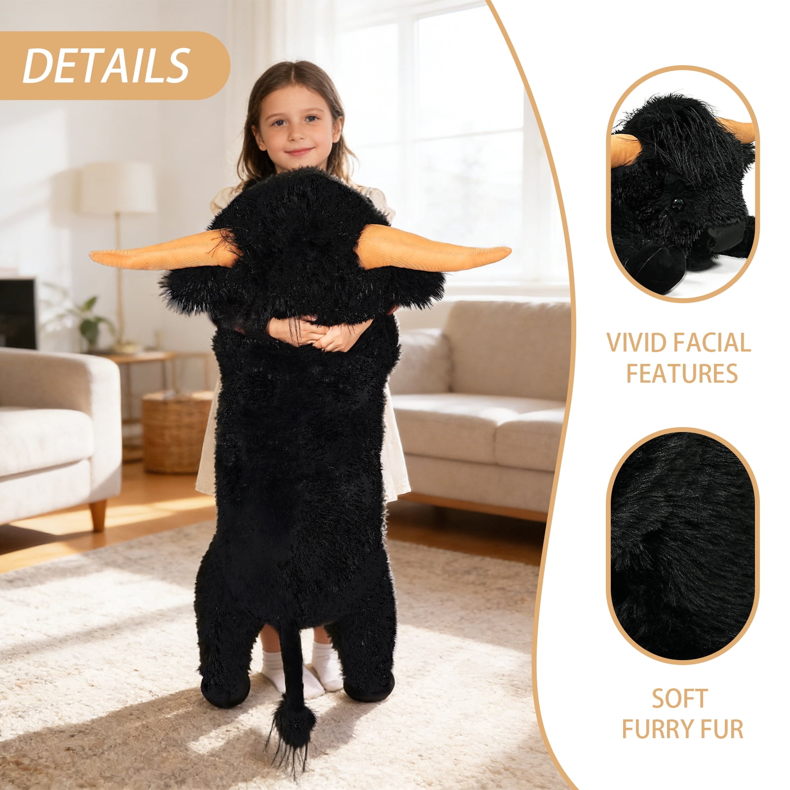 Giant Highland Cow Stuffed Animal 38" Black Plush Cow, Soft Giant Cow Pillow for Kids and Adults