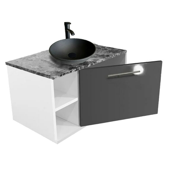 Gabinete baño ovalin monomando mesa tipo marmol puerta Gris