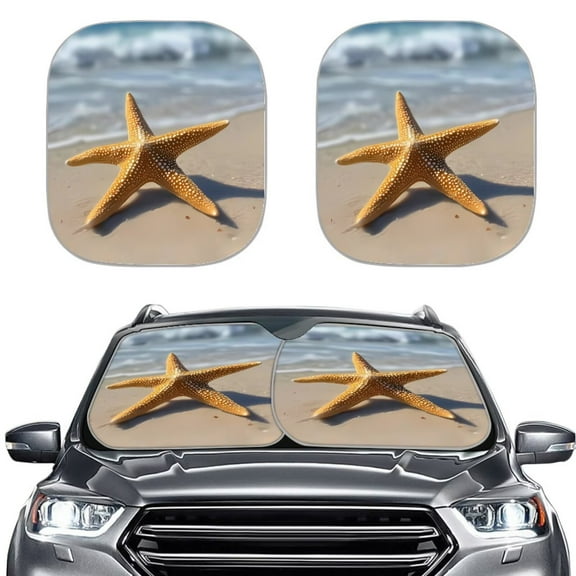 KUIFORTI 2 Piece Car Windshield Sun Shade, Beach Starfish Sunshades Blocks UV Rays Foldable Keep Your Vehicle Cool, Sun Visor for Car Sedans SUV Truck Van