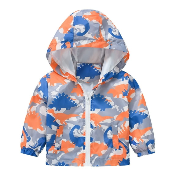 FINALGANG Girls Toddler Casual Outdoor Jacket Dinosaur Prints Lightweight Windbreaker Long Sleeve Zipper Hooded Coat For Daily Wear Fashionable Outerwear
