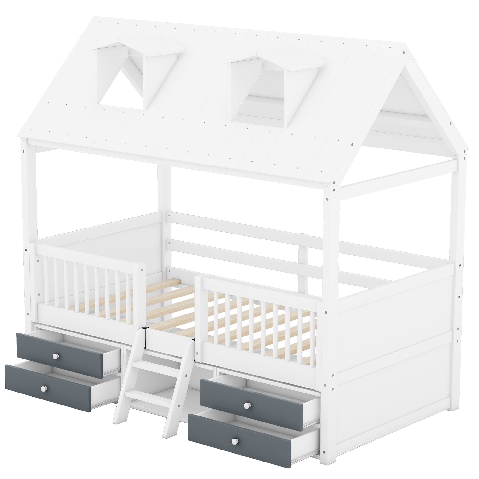 Harper & Bright Designs Twin Size Wood House Bed Frame with Fence and 4 Storage Drawers, Kids Playhouse Tent Bed with Roof and 2-step Ladder for Boys Girls Teens Bedroom, White