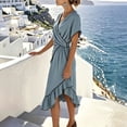 thumbnail image 4 of Oksale Elegant Dresses for Women Wedding Guest Asymmetrical Ruffle Hem V Neck Wrap Dress Cozy Batwing Sleeve Midi Vacation Summer Dresses for Holiday Blue XL, 4 of 8