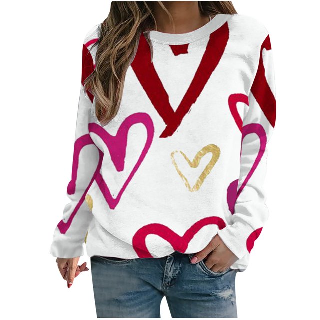 VALMASS Chandails en Molleton de la Saint-Valentin pour Femmes Manches Longues Col Rond Décontracté Mode Ample Blouses (TG, Blanc-H)